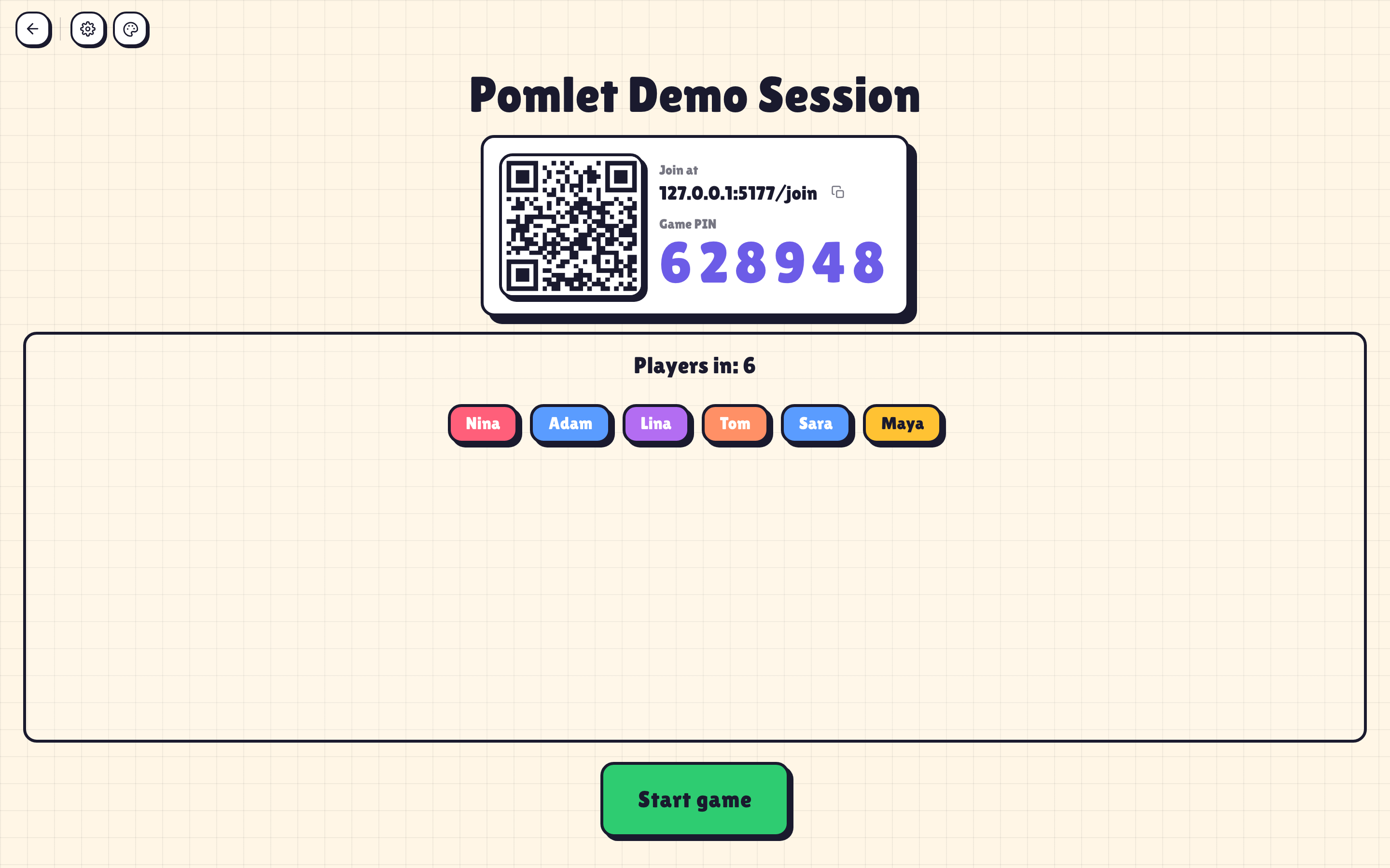 Pomlet host lobby with QR code, PIN and waiting players