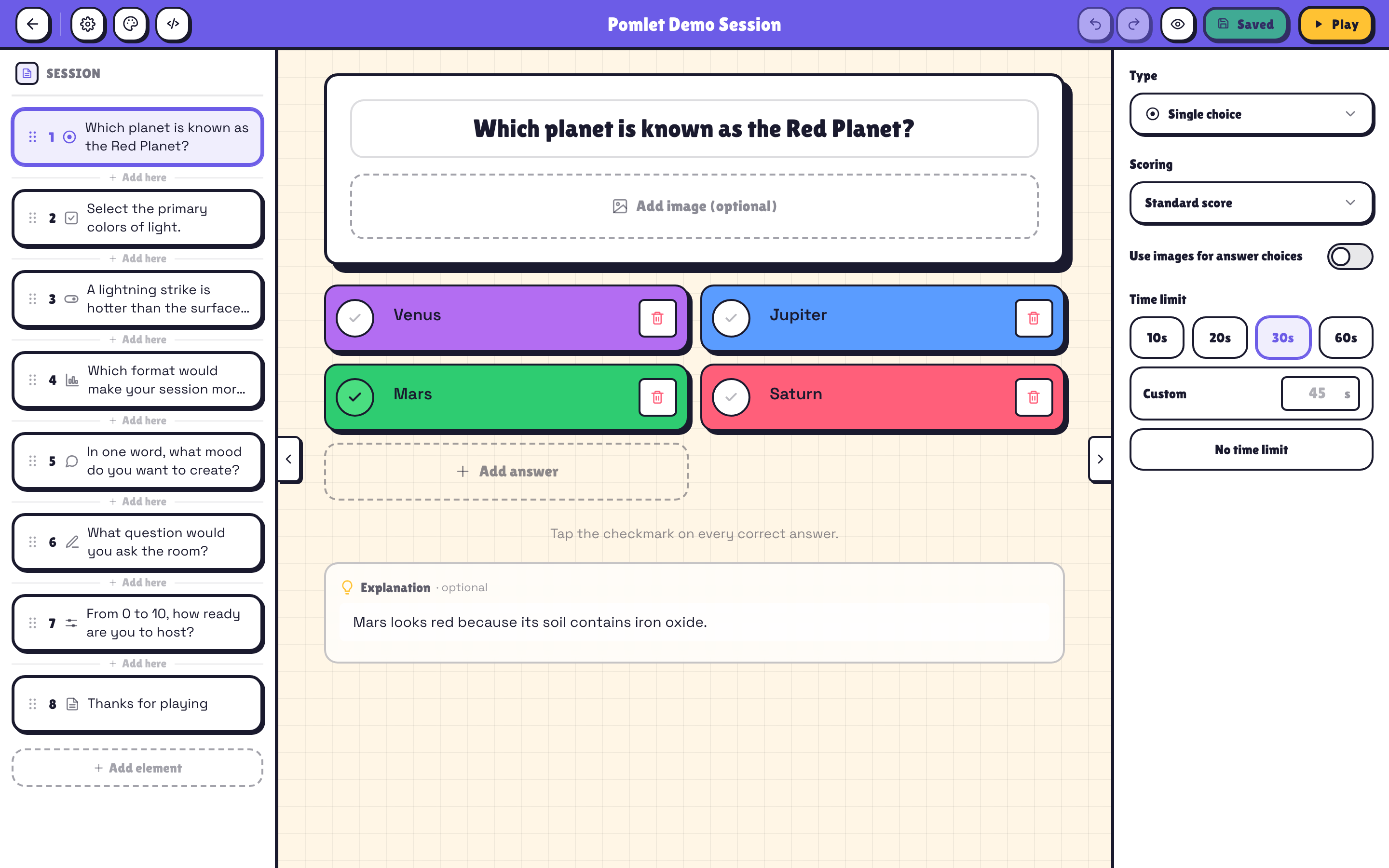 Pomlet Session editor with quizzes, polls, brainstorms, slides and whiteboards