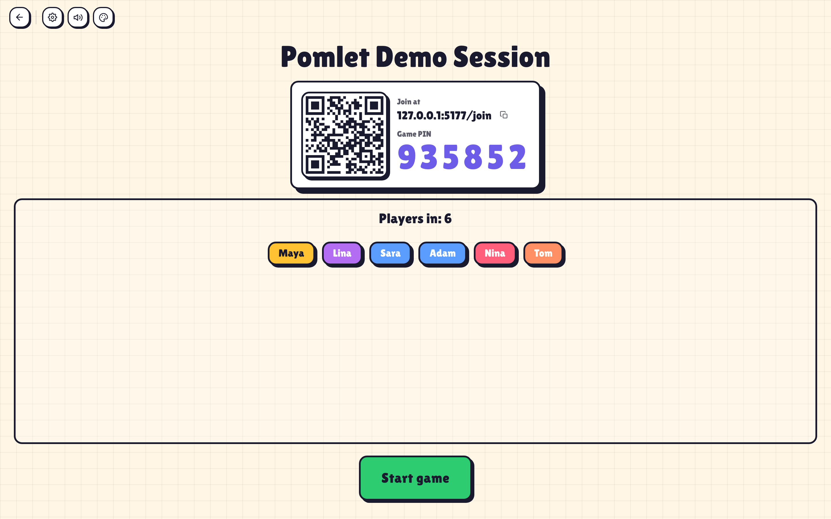 Pomlet host waiting room with QR code, PIN and players
